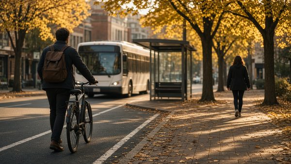 A commuter walking a bicycle toward a bus stop on a tree-lined street in autumn, with a bus pulling in