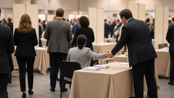 Job seekers in business attire seen from behind at a career fair, with a handshake across an employer table
