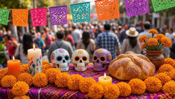 A Day of the Dead ofrenda with marigolds, decorated sugar skulls, candles and pan de muerto under colorful papel picado, with a festival crowd blurred in the background