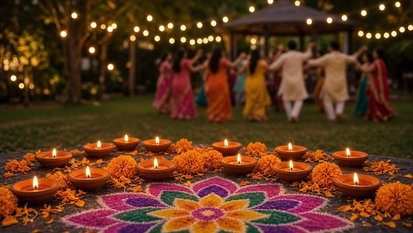 Lit clay oil lamps and marigolds around a colorful rangoli, with dancers in soft focus under string lights