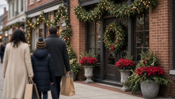 Brick storefronts decorated with garlands, wreaths and poinsettias as a family walks by with shopping bags