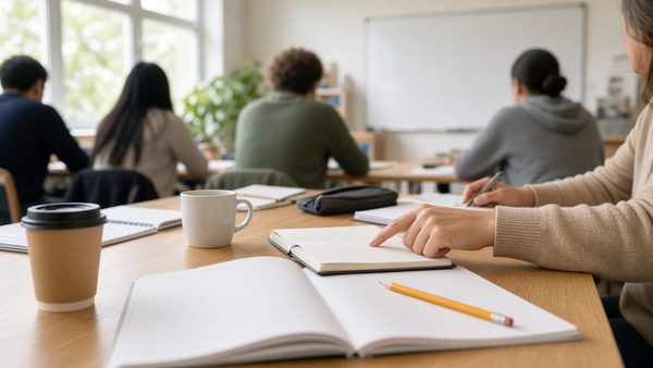 Adult learners seen from behind at a library table with open notebooks, coffee cups and a pencil in the foreground