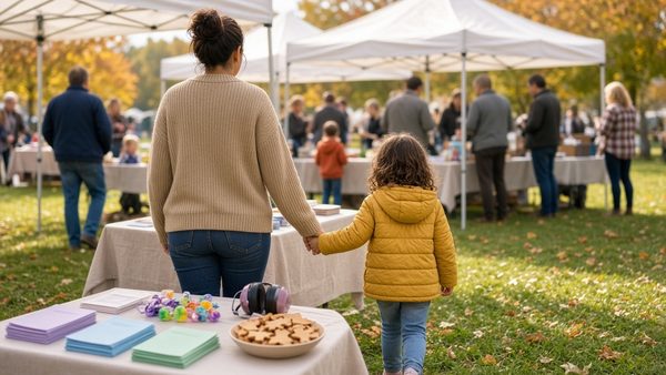 A parent and child seen from behind, holding hands at an outdoor resource fair with white tents, blank pamphlets, fidget toys and earmuffs on a table
