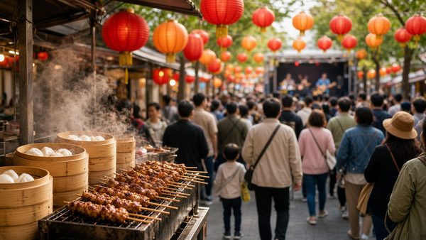 Steaming bamboo baskets and grilled skewers at a street food stall, with paper lanterns overhead and a festival crowd beyond