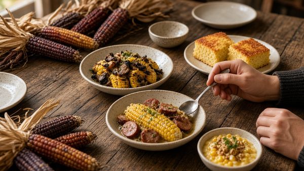 Tasting dishes of corn stew, roasted corn, cornbread and corn pudding on a rustic wooden table, with a guest's hand holding a spoon