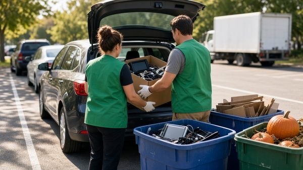 Volunteers in green vests, seen from behind, unloading old electronics from a car trunk into recycling bins