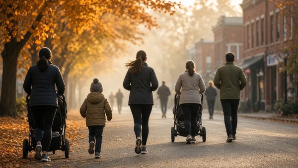 Families seen from behind walking and jogging with strollers down a tree-lined autumn street in soft morning mist