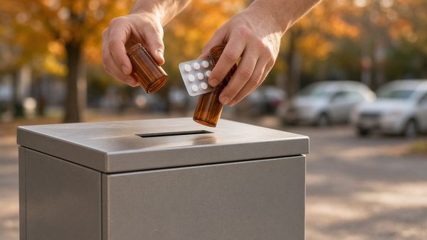 Hands dropping unlabeled pill bottles and a blister pack into a gray metal collection box outdoors