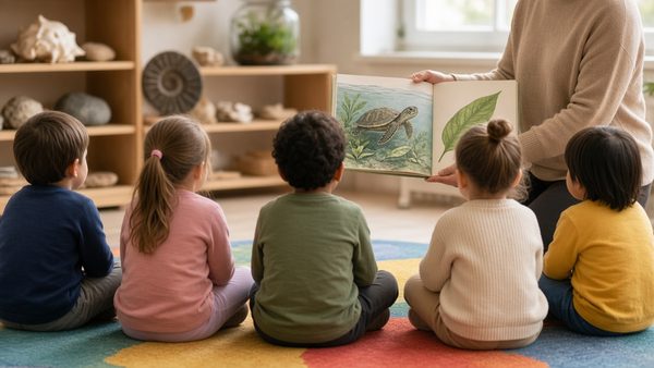Young children on a colorful rug, seen from behind, listening to a reader holding a picture book with a turtle