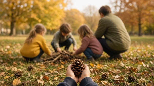 Young children out of focus building with sticks and leaves in an autumn park, with small hands holding a pinecone in the foreground