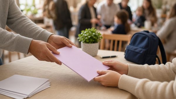 Hands passing a blank folder across a school information table, with a potted plant, a pen and a child's backpack, and families blurred in the background