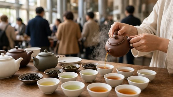 双手用陶壶向一排小品茗杯倒茶，木桌上摆着散装茶叶