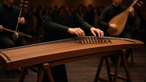 A musician's hands playing a plain wooden guzheng on stage, with erhu and pipa players in soft focus behind