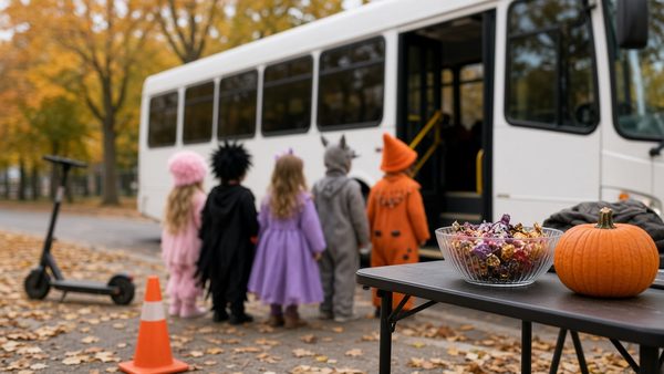 Children in Halloween costumes, seen from behind, lining up by a white bus, with a bowl of candy and a pumpkin in the foreground