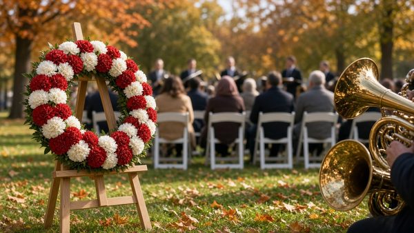 A wreath of red and white carnations on a wooden easel at an outdoor autumn ceremony, with rows of seated attendees and brass instruments out of focus
